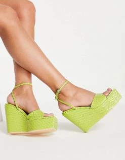 Coupon ❤️ Public Desire Kempton Wedge Heeled 🩴 Sandals In Lime Snake For Women 🎉 -Outlet Women's Public Desire Store unnamed file 1672