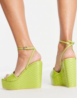 Coupon ❤️ Public Desire Kempton Wedge Heeled 🩴 Sandals In Lime Snake For Women 🎉 -Outlet Women's Public Desire Store unnamed file 1673