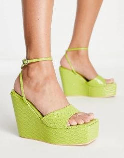 Coupon ❤️ Public Desire Kempton Wedge Heeled 🩴 Sandals In Lime Snake For Women 🎉 -Outlet Women's Public Desire Store unnamed file 1674