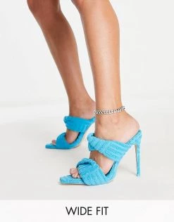 Flash Sale 🛒 Public Desire Wide Fit Hot Season Mule Heel 🩴 Sandals In Blue Towelling For Women 🥰 -Outlet Women's Public Desire Store unnamed file 1684