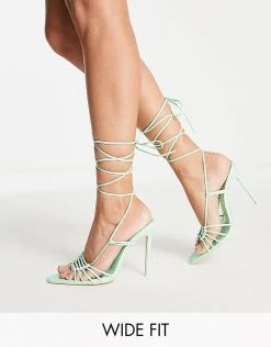 New 🛒 Public Desire Wide Fit Valencia Pointed Toe Heel 🩴 Sandals With Ankle Tie In Mint For Women ❤️