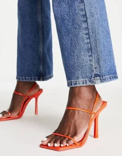 Best Pirce 😍 Public Desire Wide Fit Rayelle Heeled 🩴 Sandals With Square Toes In Orange Patent For Women 🧨 -Outlet Women's Public Desire Store unnamed file 1693