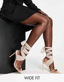 Best Pirce 🔥 Public Desire Wide Fit Suri Tie Up Stileto 🩴 Sandals In Beige For Women 🎁