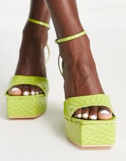 Brand new ✔️ Public Desire Wide Fit Kempton Wedge Heeled 🩴 Sandals In Lime Snake For Women ❤️ -Outlet Women's Public Desire Store unnamed file 1742