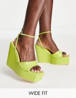 Brand new ✔️ Public Desire Wide Fit Kempton Wedge Heeled 🩴 Sandals In Lime Snake For Women ❤️ -Outlet Women's Public Desire Store unnamed file 1744