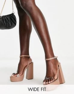 Wholesale 😍 Public Desire Wide Fit Manhatton Platform High Heeled 🩴 Sandals In Toffee Pu For Women 🥰