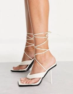 Deals 🔔 Public Desire Grand Heel 🩴 Sandals With Toe Post In Off White For Women Off White Pu 🔔