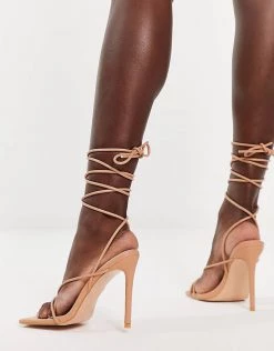 Flash Sale 👍 Public Desire Zing Tie Leg Heel 🩴 Sandals In Beige For Women Beige Pu 🧨 -Outlet Women's Public Desire Store unnamed file 1852