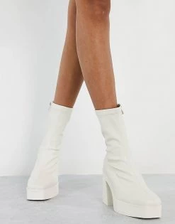 Budget 🔔 Public Desire Wide Fit Be Mine High Heeled Sock 🥾 Boots In Encru Stretch Pu For Women Encru Pu 😀 -Outlet Women's Public Desire Store unnamed file 1861