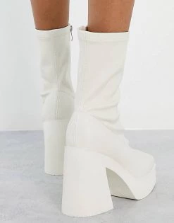 Budget 🔔 Public Desire Wide Fit Be Mine High Heeled Sock 🥾 Boots In Encru Stretch Pu For Women Encru Pu 😀 -Outlet Women's Public Desire Store unnamed file 1863