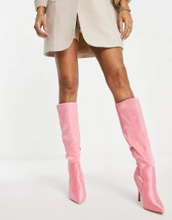 Brand new 🤩 Public Desire Best Believe Knee High Heel 🥾 Boots In Pink Satin For Women 😉 -Outlet Women's Public Desire Store unnamed file 1902