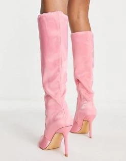 Brand new 🤩 Public Desire Best Believe Knee High Heel 🥾 Boots In Pink Satin For Women 😉 -Outlet Women's Public Desire Store unnamed file 1903