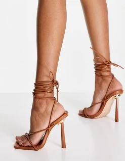 Budget 🥰 Public Desire Lacey Tie Up Stileto 🩴 Sandals In Brown For Women 🤩 -Outlet Women's Public Desire Store unnamed file 1907