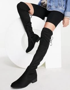 Brand new 🎉 Public Desire Elle Over The Knee Flat 🥾 Boots In Black For Women Black Micro 😉 -Outlet Women's Public Desire Store unnamed file 1978