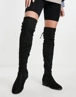 Brand new 🎉 Public Desire Elle Over The Knee Flat 🥾 Boots In Black For Women Black Micro 😉 -Outlet Women's Public Desire Store unnamed file 1979