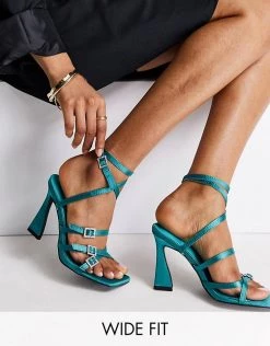 Promo 💯 Public Desire Wide Fit Kalon Heel 🩴 Sandals In Teal Satin For Women 😍