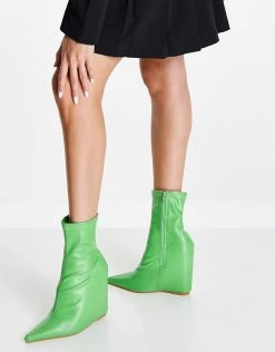 Hot Sale 🔥 Public Desire Getaway Wedge Heel Sock 🥾 Boots In Green For Women Bright Green 🎉