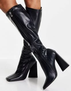Outlet 🤩 Public Desire Peggy Flare Heel Knee 🥾 Boots In Black For Women Black Pu 🎁 -Outlet Women's Public Desire Store unnamed file 2007