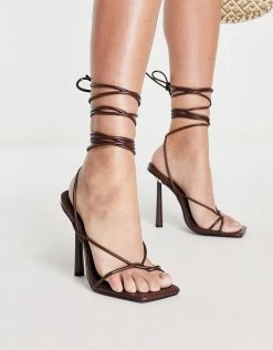 Hot Sale 🔥 Public Desire Wide Fit Lacey Heel 🩴 Sandals With Ankle Tie In Chocolate For Women 🎉 -Outlet Women's Public Desire Store unnamed file 2013
