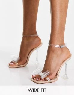 Best deal 👍 Public Desire Wide Fit Baby Bow Heel 🩴 Sandals In Clear For Women Nude Patent 🔔