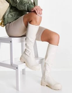 New ⭐ Public Desire Recognise Pull On Knee 🥾 Boots In Ecru For Women 🤩 -Outlet Women's Public Desire Store unnamed file 2083
