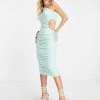 Budget 🎉 Public Desire Ruched One Shoulder Midi 👗 Dress In Mint Green For Women 🤩