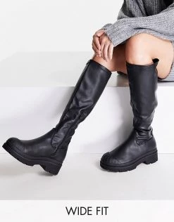 Cheap 🥰 Public Desire Wide Fit Recognise Pull On Knee 🥾 Boots In Black For Women ✨