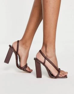 Hot Sale 🛒 Public Desire Everly Block Heel Twist 🩴 Sandals In Brown For Women 👍