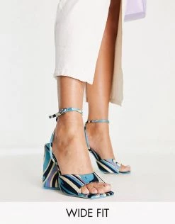 Top 10 😉 Public Desire Wide Fit Eagle Pyramid Heel 🩴 Sandals With Ankle Strap In Blue Print For Women Blue Multi ⭐