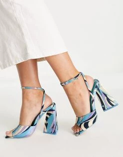 Top 10 😉 Public Desire Wide Fit Eagle Pyramid Heel 🩴 Sandals With Ankle Strap In Blue Print For Women Blue Multi ⭐ -Outlet Women's Public Desire Store unnamed file 2188