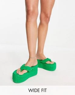 Discount 🎉 Public Desire Wide Fit Nell Super Wedge Flip Flops In Green Towelling For Women 🌟