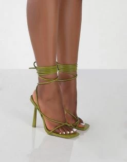 Cheapest ๐ Public Desire Wide Fit Lacey Tie Up Stileto ๐ฉด Sandals In Olive For Women Olive Green ๐