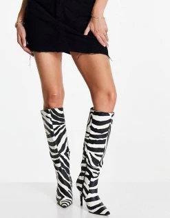 Buy 😀 Public Desire Best Believe Knee High Heel 🥾 Boots In Zebra For Women 🔥