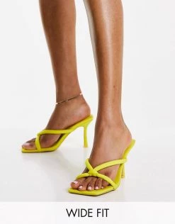 New ❤️ Public Desire Wide Fit Thalia Barely There Knot Mid Heel 🩴 Sandals In Yellow For Women 👏