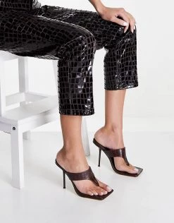 Best Sale 😉 Public Desire Carina Mule Heel 🩴 Sandals In Chocolate Brown Croc For Women 🔔 -Outlet Women's Public Desire Store unnamed file 2307