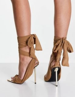 Budget 🎉 Public Desire Huni Ribbon Tie Up Heel 🩴 Sandals In Chocolate For Women Chocolate Brown 🌟 -Outlet Women's Public Desire Store unnamed file 2313