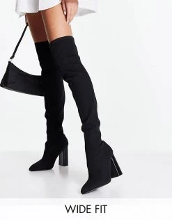 Brand new ❤️ Public Desire Wide Fit Focus Over The Knee Block Heel 🥾 Boots In Black Knit For Women 🌟