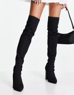 Brand new ❤️ Public Desire Wide Fit Focus Over The Knee Block Heel 🥾 Boots In Black Knit For Women 🌟 -Outlet Women's Public Desire Store unnamed file 2323