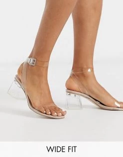 New 💯 Public Desire Wide Fit Afternoon Clear Block Heeled 🩴 Sandal In Beige Patent For Women 😍 -Outlet Women's Public Desire Store unnamed file 2354