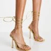 Deals 💯 Public Desire Wide Fit Lacey Heeled 🩴 Sandals With Ankle Tie In Gold For Women Gold Pu 💯