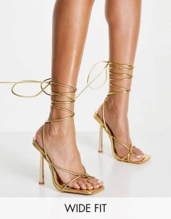 Deals 💯 Public Desire Wide Fit Lacey Heeled 🩴 Sandals With Ankle Tie In Gold For Women Gold Pu 💯