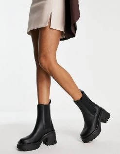 Outlet ✨ Public Desire Wide Fit Stepup Mid Heel Chunky Ankle Boot In Black For Women 👏 -Outlet Women's Public Desire Store unnamed file 2398