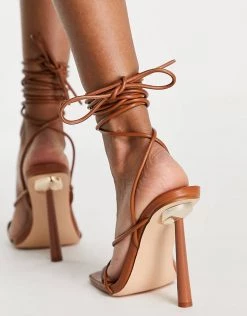 Discount 🎁 Public Desire Wide Fit Lacey Tie Up Stileto 🩴 Sandals In Brown For Women 🎉 -Outlet Women's Public Desire Store unnamed file 2402