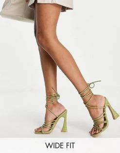 New 👍 Public Desire Wide Fit Corbyn Tie Up Heel 🩴 Sandals In Green Croc For Women ✨