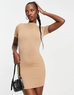 Promo ✔️ Public Desire Double Layered Capped Sleeve Mini Bodycon 👗 Dress In Chestnut For Women 😀