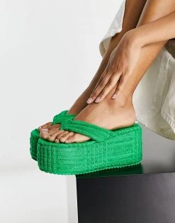 Budget ๐งจ Public Desire Nell Super Wedge Flip Flops In Green Towelling For Women โญ