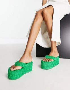 Budget 🧨 Public Desire Nell Super Wedge Flip Flops In Green Towelling For Women ⭐ -Outlet Women's Public Desire Store unnamed file 2542
