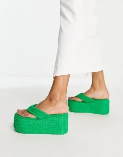 Budget 🧨 Public Desire Nell Super Wedge Flip Flops In Green Towelling For Women ⭐ -Outlet Women's Public Desire Store unnamed file 2543