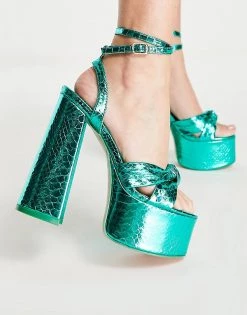 Deals 🔥 Public Desire Leo Platform Heel 🩴 Sandals In Teal Metallic For Women ❤️ -Outlet Women's Public Desire Store unnamed file 2588
