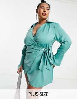 Best Pirce 🌟 Public Desire Curve Satin Wrap 👗 Dress In Aqua Blue For Women 🔥 -Outlet Women's Public Desire Store unnamed file 259
